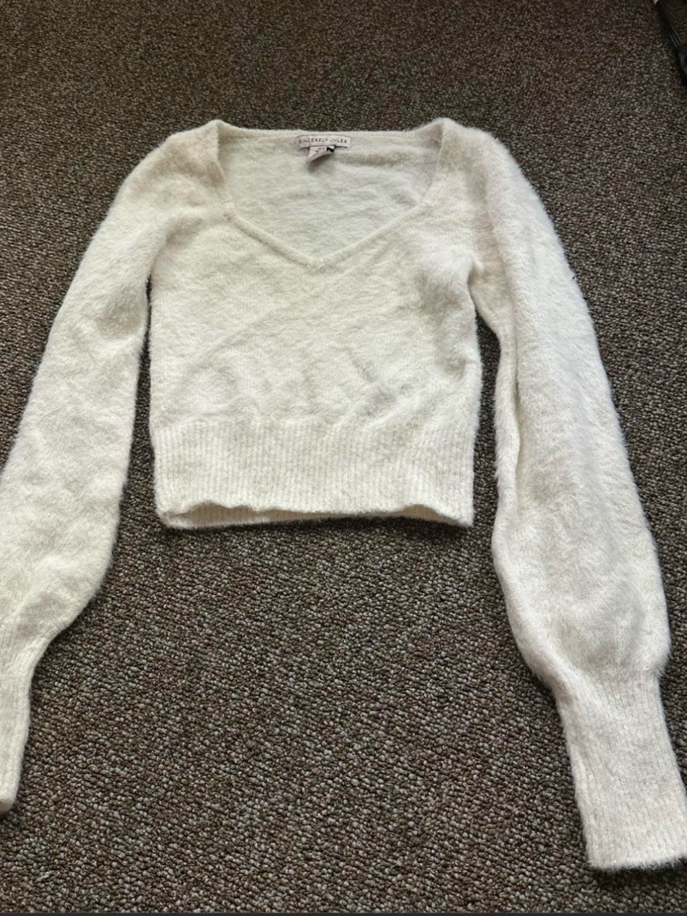 Sincerely Jules Cream V-Neck Fuzzy Cropped Sweater